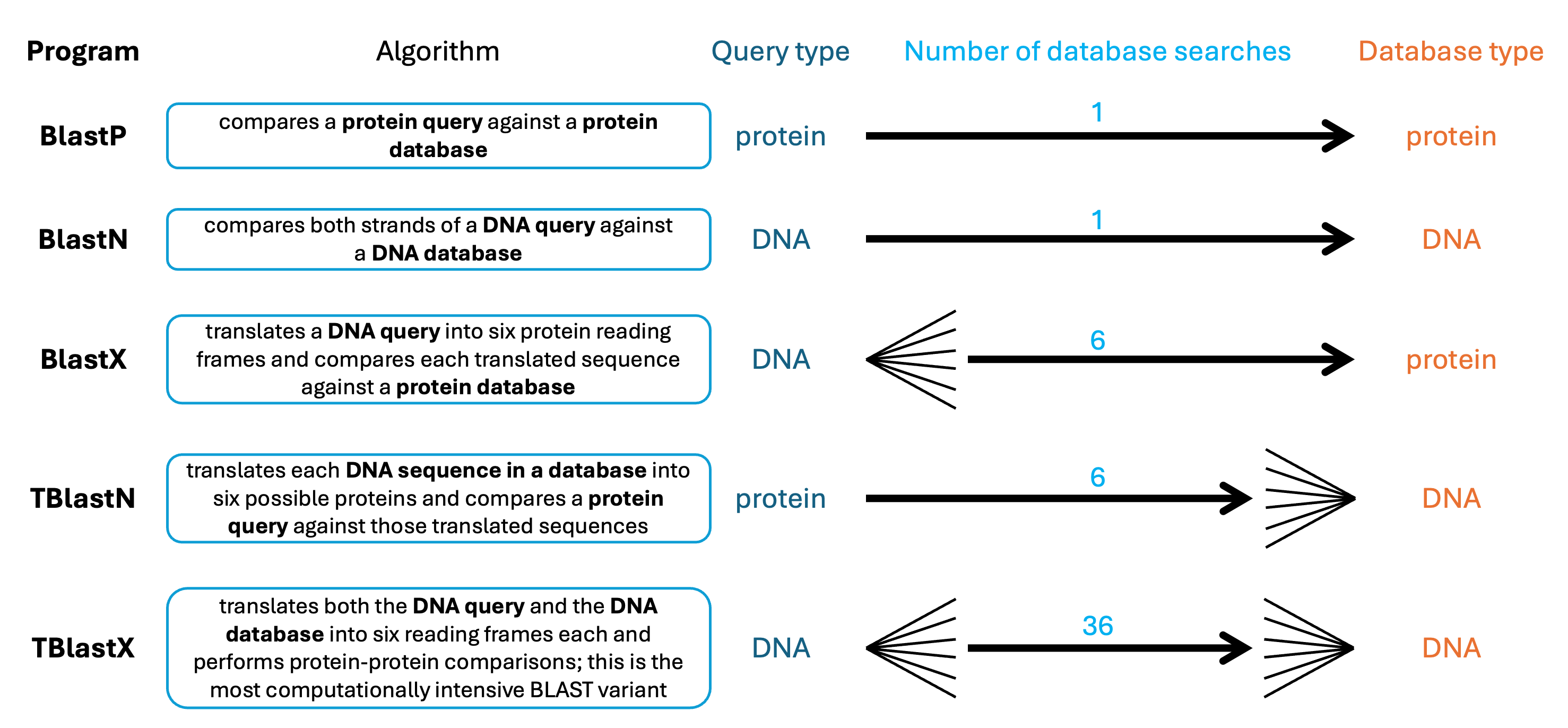 Overview of the five main BLAST Algorithms