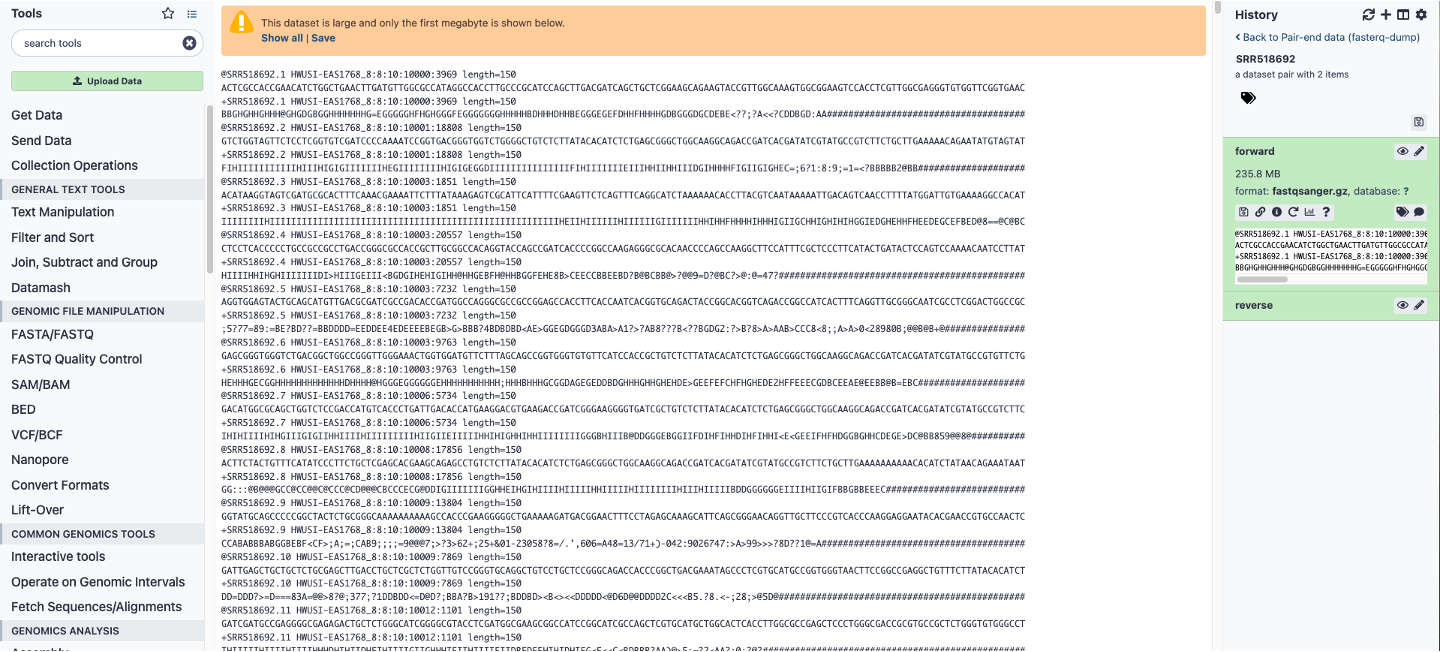 Screenshot of Galaxy web page with three panels. A sample fastq file is in the middle panel.