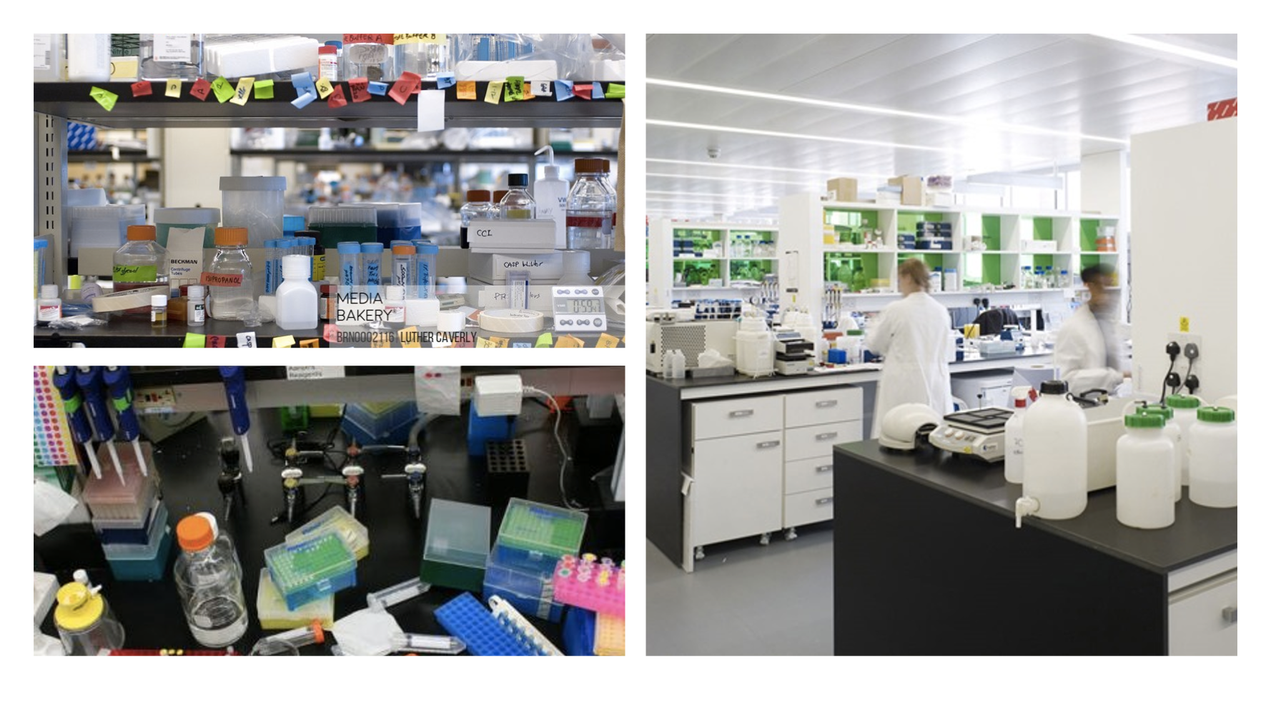 Three photographs of clean and messy lab environments.