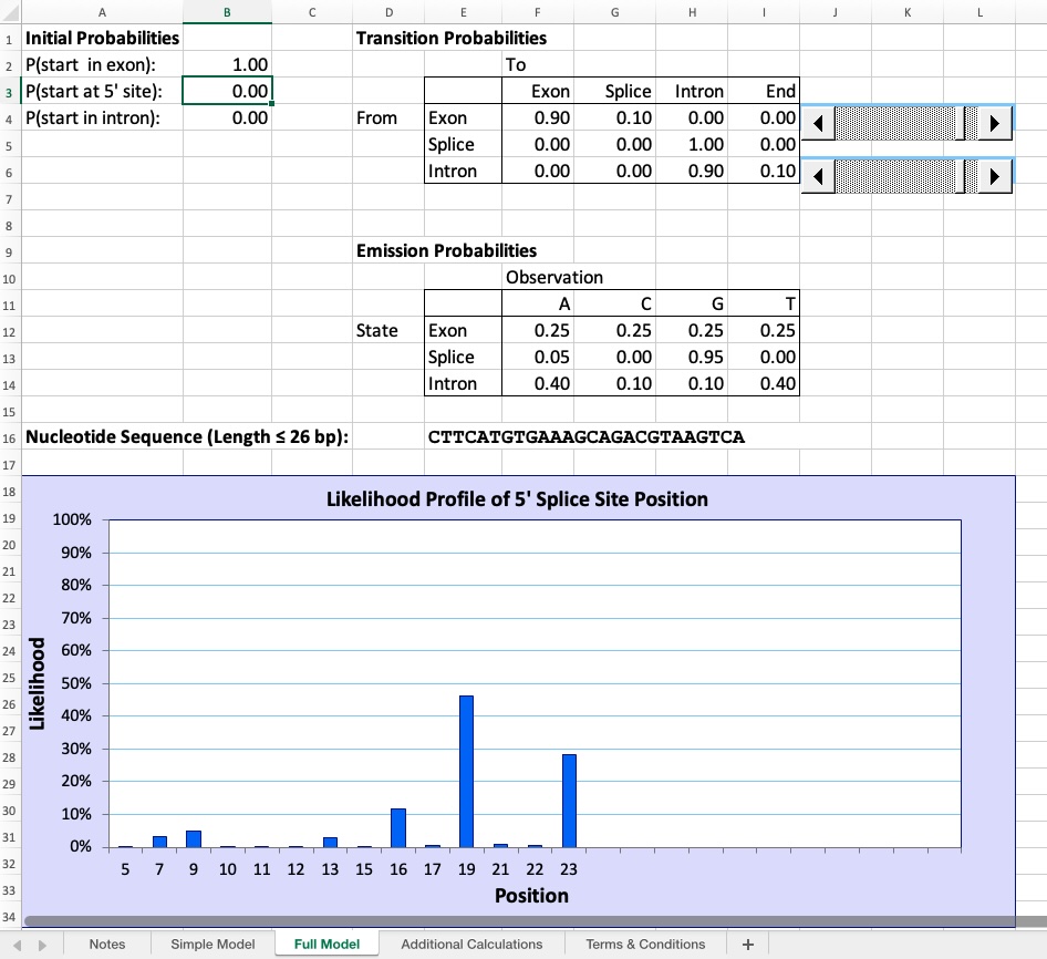 Screenshot of excel workbook for the full hmm model.