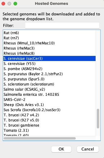 Screenshot of IGV popup menu with sacCer3 genome highlighted in blue.