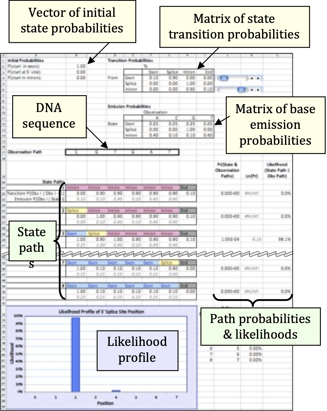 Screenshot of the excel worksheet for the lab with labels for each section in yellow pop out boxes.